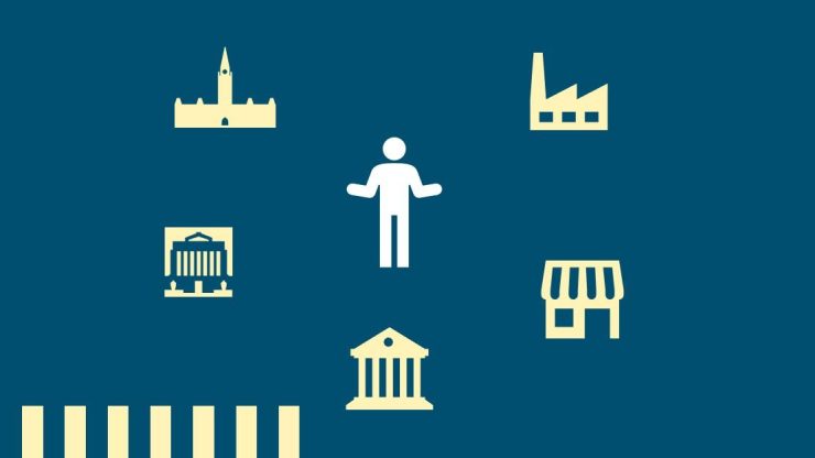 Alt text: Image montrant une personne entourée d’icônes (une usine, un magasin, une banque, la Banque du Canada et la colline du Parlement). 
