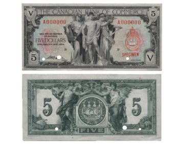 Billet de banque ancien décoré de trois personnages en robe, l’un tenant un crayon, l’autre un avion et le troisième un bâton autour duquel s’enroule un serpent.