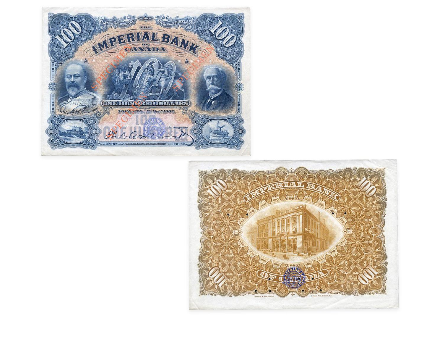 Billet de banque surdimensionné, avec deux hommes d’âge mûr en complet au recto, et un motif géométrique complexe au verso.