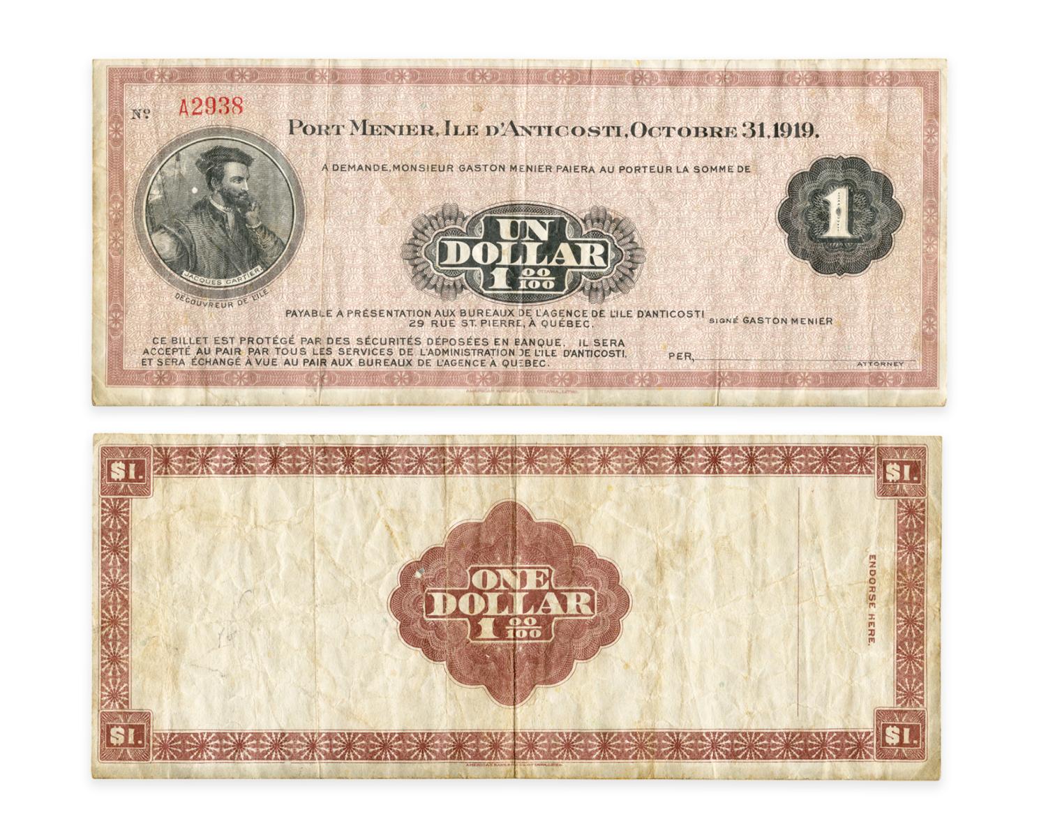 Papier-monnaie, homme barbu en habits anciens (Jacques Cartier), cadre de motifs géométriques.