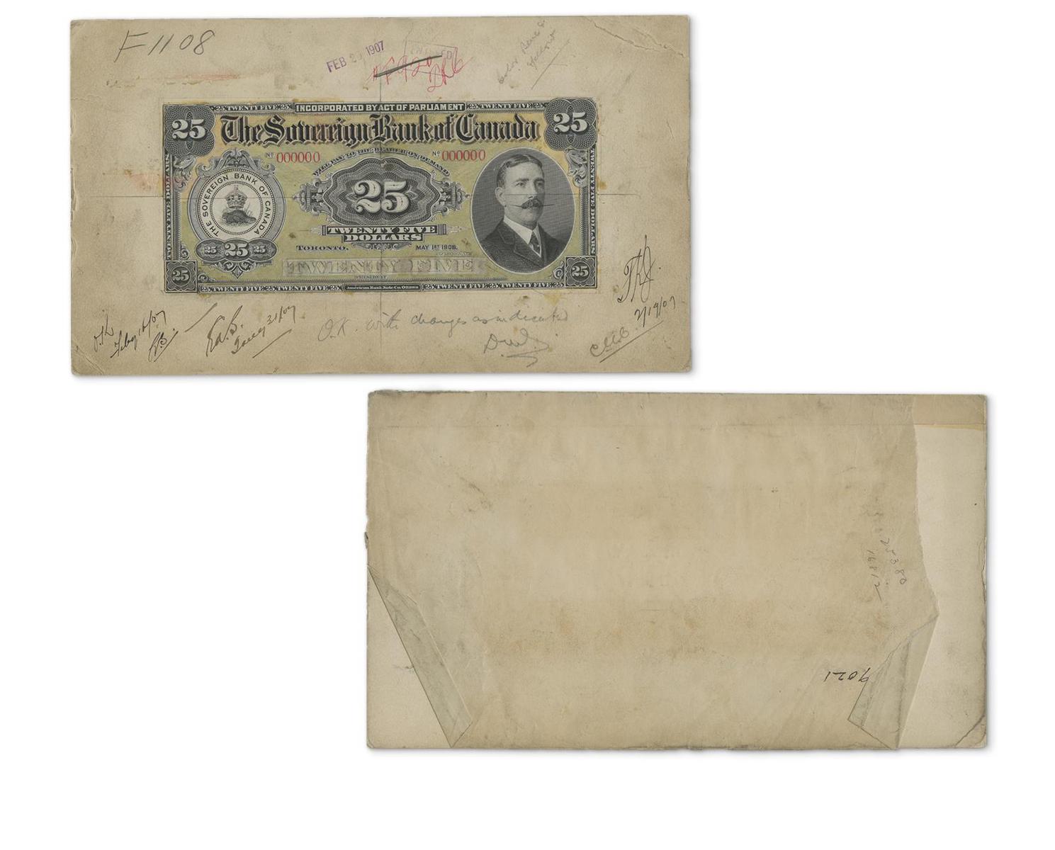 Maquette de billet de banque avec des motifs géométriques complexes montée sur un papier portant de nombreuses signatures.