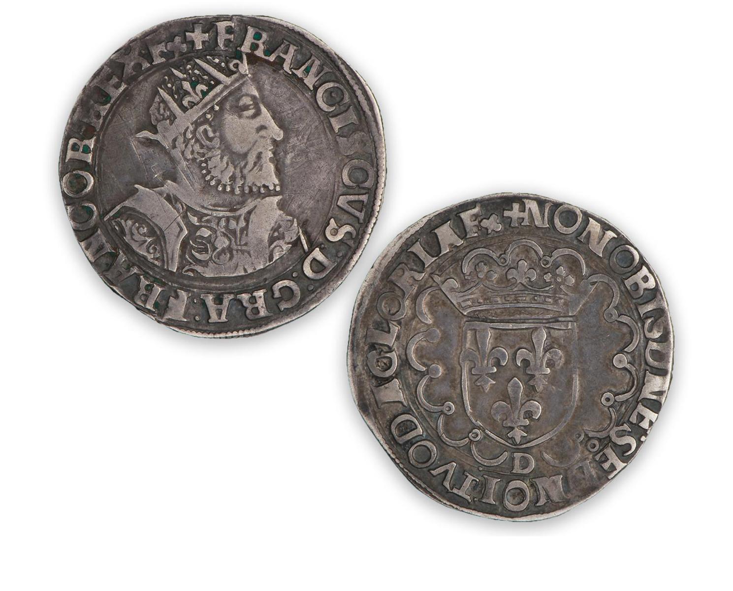 Pièce d’argent grossière, deux côtés, profil d’un homme barbu coiffé d’une couronne, bouclier couronné au verso.