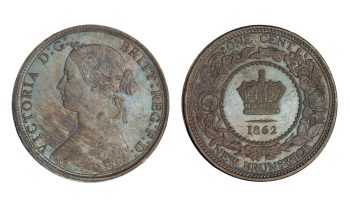 Pièce de cuivre, profil d’une femme portant des lauriers sur l’avers, couronne entourée de fleurs sur le revers. 