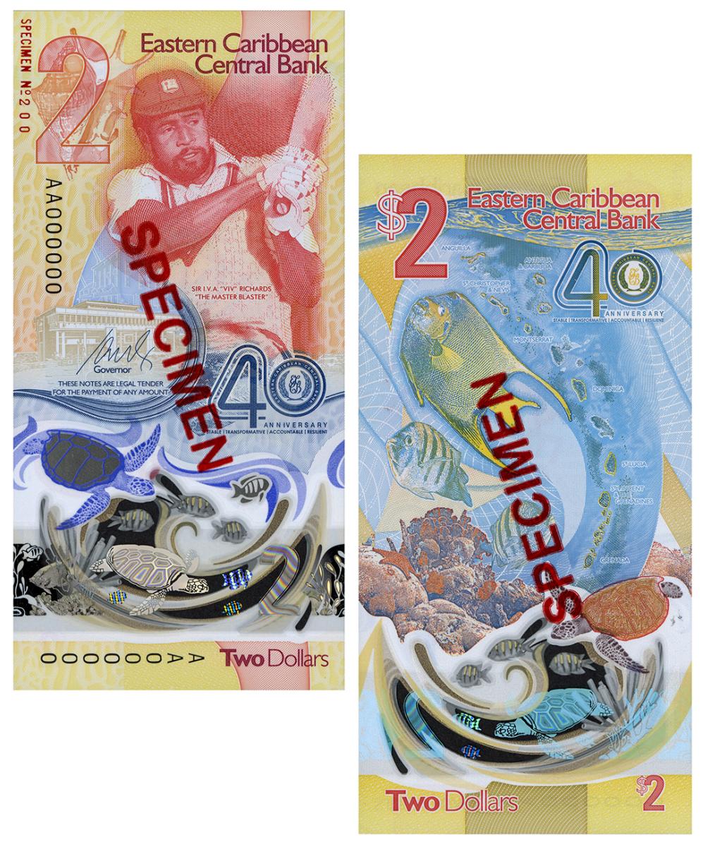 Billet de banque, joueur de cricket avec créatures marines sur l’avers, créatures marines sur le revers.