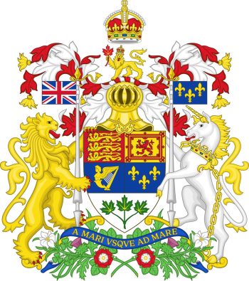 Écu flanqué d’un lion et d’une licorne tenant des drapeaux, au-dessus d’un ruban avec une devise latine et sous une couronne. 