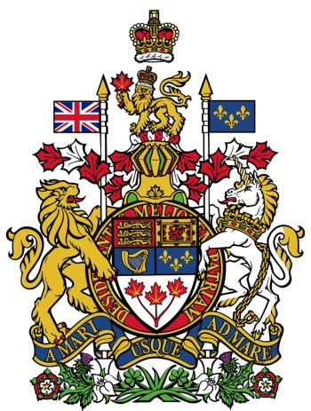 Écu flanqué d’un lion et d’une licorne, sous une couronne, au-dessus d’un ruban et devant un anneau portant tous deux une devise latine. 