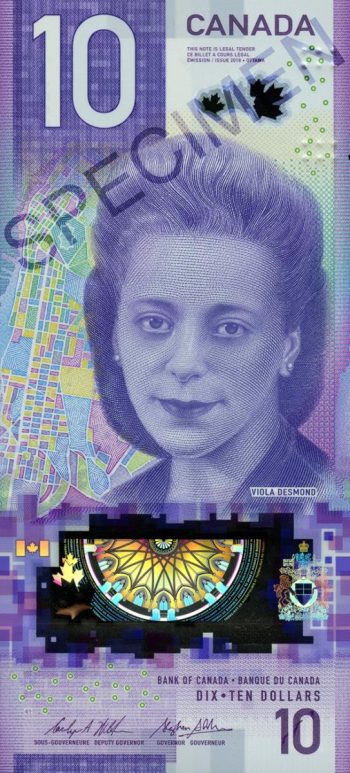 Billet de 10 dollars Viola Desmond Billet de banque violet orné du portrait d’une femme aux cheveux ondulés mi-longs qui regarde vers l’avant et de l’image d’un dôme dans une bande transparente d’aspect métallique.