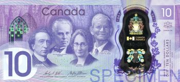 Billet de 10 dollars Canada 150 Billet de banque violet sur lequel figure trois hommes et une femme vêtus de tenues officielles et les images d’armoiries et d’une chouette stylisée dans une bande transparente d’aspect métallique.