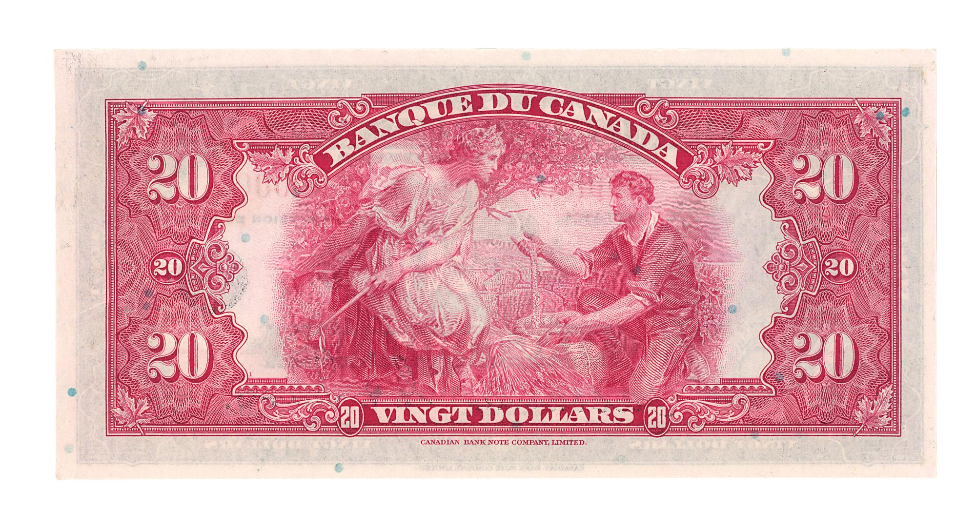 Billet de banque rose, homme agenouillé présentant du grain à une femme portant une longue robe, bordure décorative gravée.