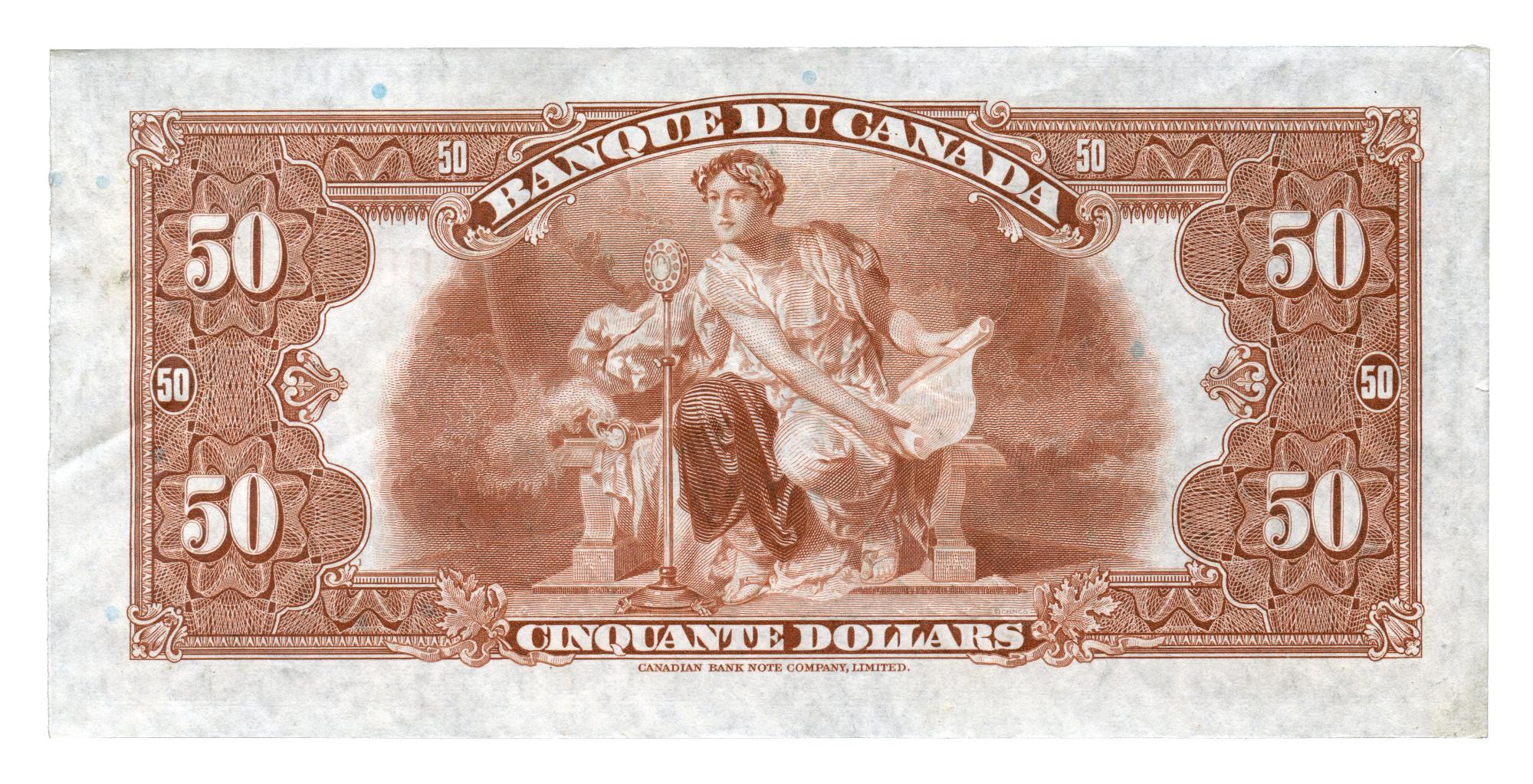 Billet de banque brun orné d’un personnage féminin assis qui parle dans un microphone, bordure décorative gravée.