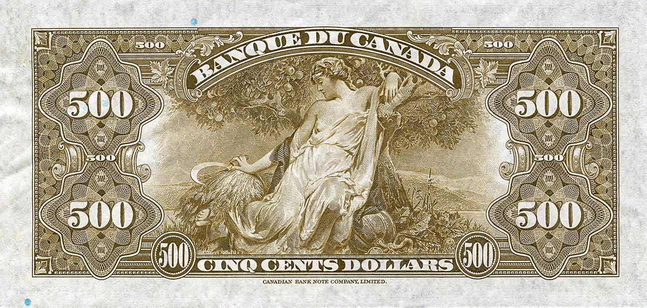 Billet de banque vert olive, femmes en robe adossées à un arbre, bordure décorative gravée.