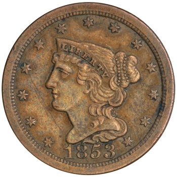Pièce d’un demi-cent en cuivre Pièce de monnaie brune avec le portrait d’une femme tournée vers la gauche, coiffée d’une couronne et les cheveux noués en chignon, entourée d’un cercle d’étoiles.