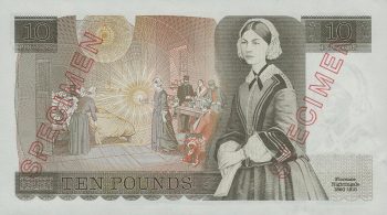 Spécimen de billet de 10 livres Billet de banque brun orné du portrait d’une femme debout, les mains jointes, tournée vers l’avant et portant une longue robe.