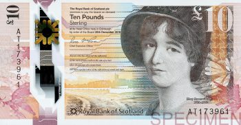 Billet de 10 livres Billet de banque rouge et orange orné du portrait d’une femme aux cheveux remontés et coiffée d’un bonnet.