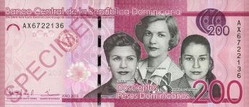 Billet de 200 pesos dominicains Billet de banque rose, portraits de face de 3 femmes souriantes côte à côte.