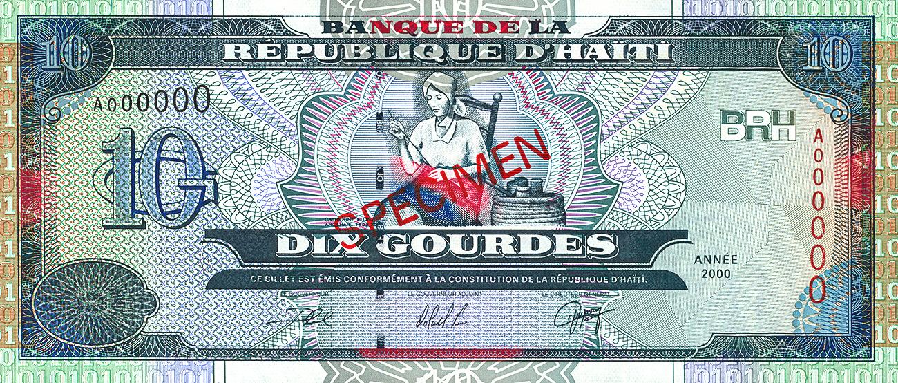 Billet de banque bleu orné d’un petit portrait au centre d’une femme assise qui coud.