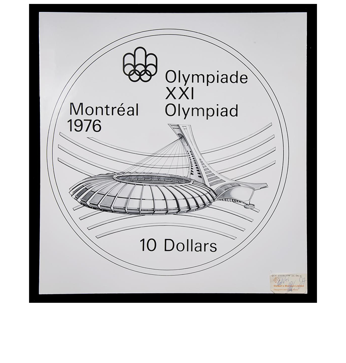 Dessin d’un stade ovale avec des câbles reliant sa toiture et une tour, anneaux entrelacés et inscription Montréal 1976.