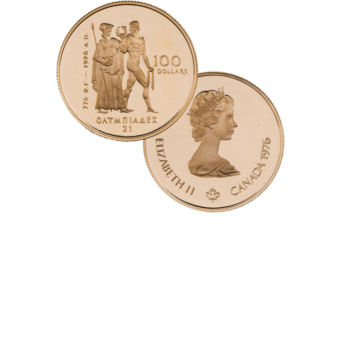 Pièce d’or représentant, d’un côté, une femme en toge coiffée d’un casque, la main posée sur l’épaule d’un homme nu tenant une couronne de laurier et, de l’autre, le profil de la reine Élisabeth II.