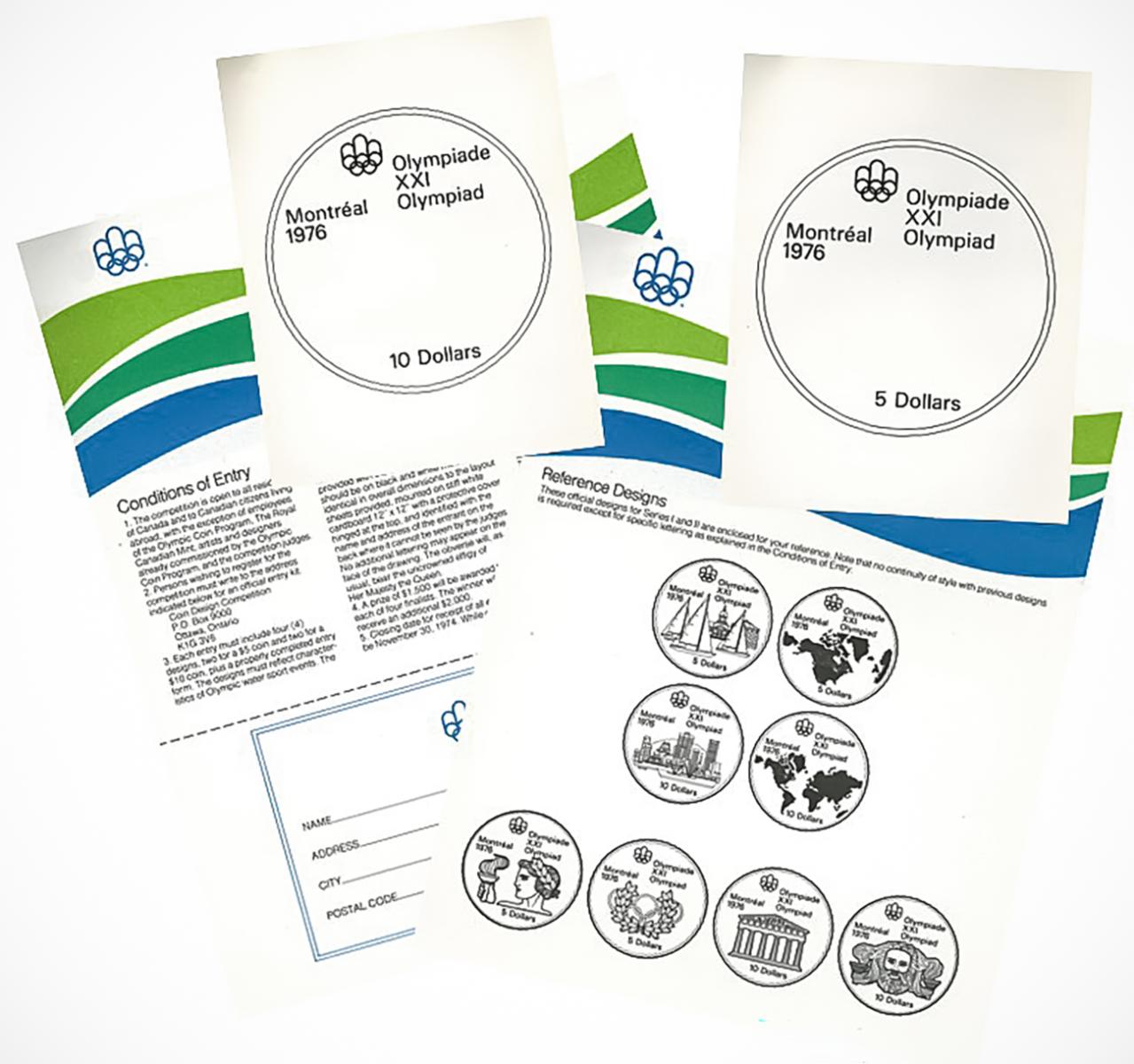 Formulaire de participation au concours du Programme de pièces des Jeux olympiques Quatre feuilles de papier ornées de logos colorés, des instructions, des gabarits de pièces surdimensionnés et huit dessins de pièces de format standard.