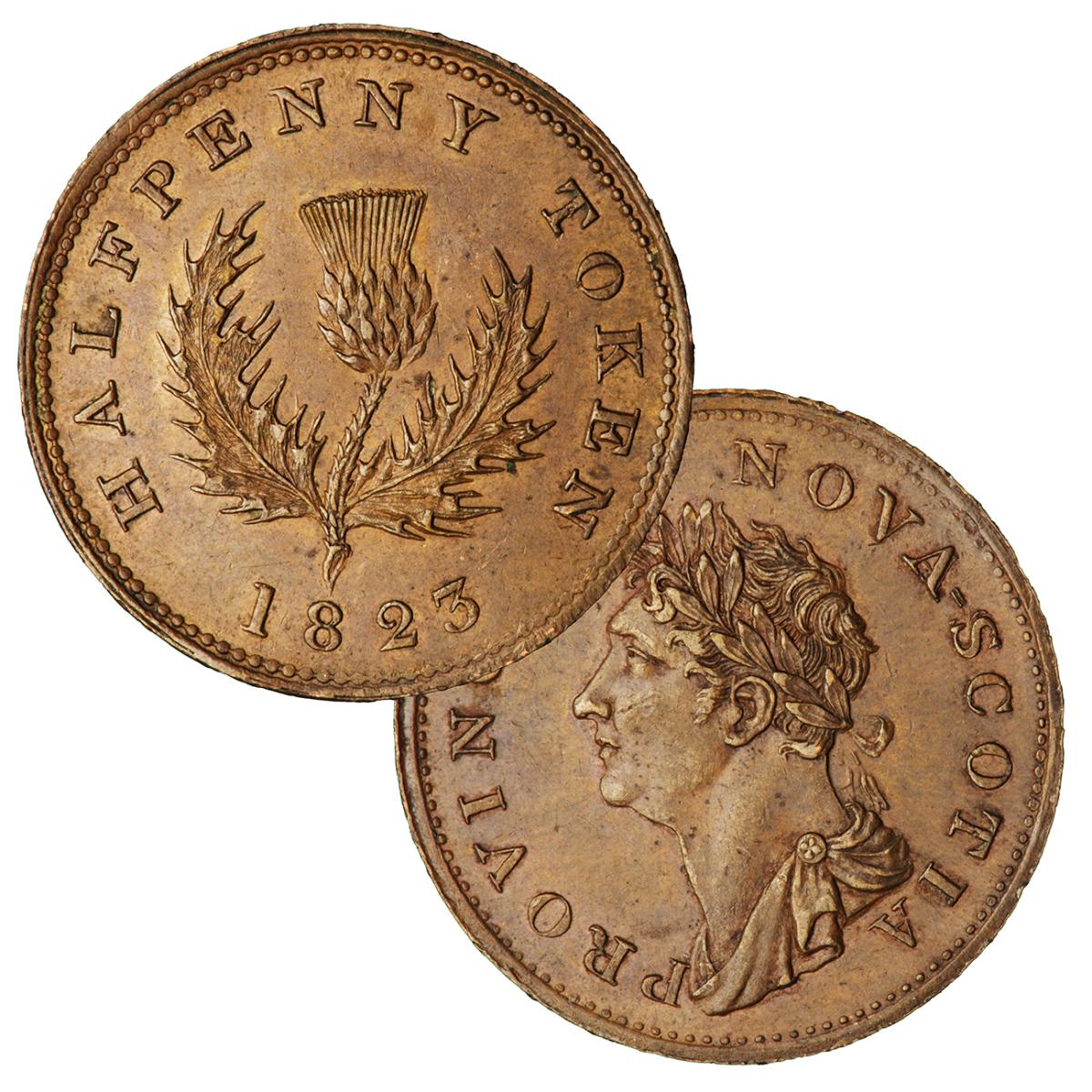 Jeton de la Nouvelle-Écosse Jeton rond en cuivre, un chardon d’un côté et le profil d’un homme portant une couronne de laurier de l’autre.