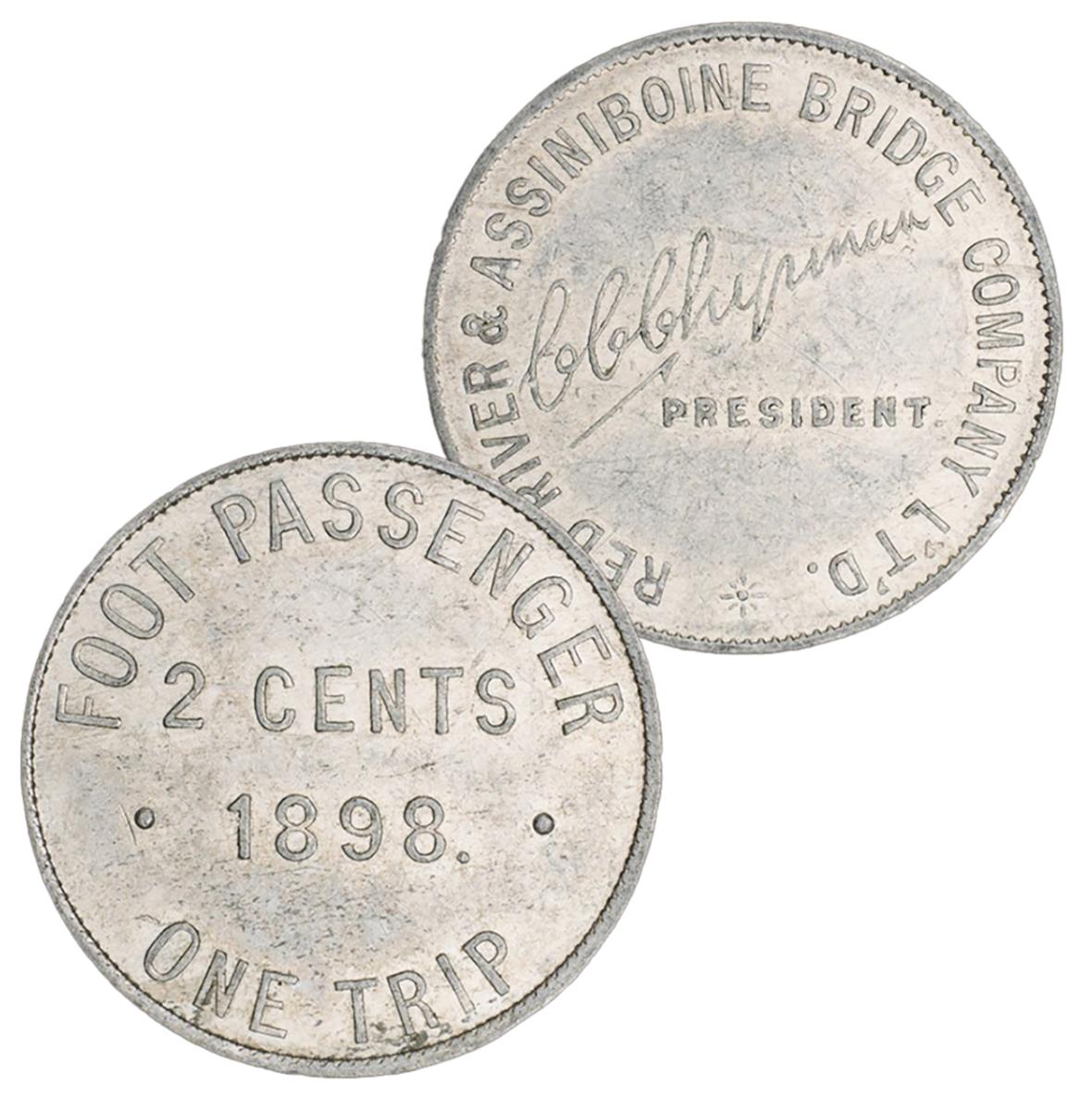Jeton de péage sur un pont Jeton rond en métal gris avec lettrage en majuscules d’un côté et reproduction d’une signature de l’autre.