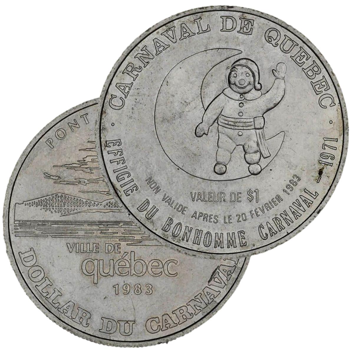 Jeton-souvenir Jeton rond, un bonhomme de neige faisant signe de la main d’un côté et un pont de l’autre.