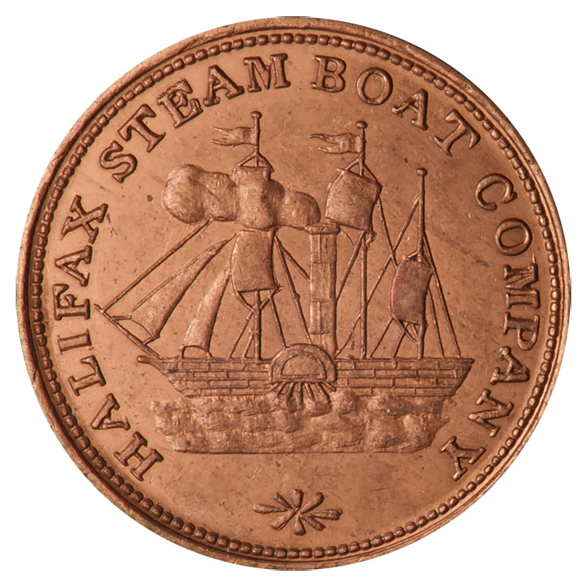 Jeton-souvenir Jeton rond en cuivre représentant un navire à voile muni d’une cheminée fumante et d’une roue à aubes latérale.