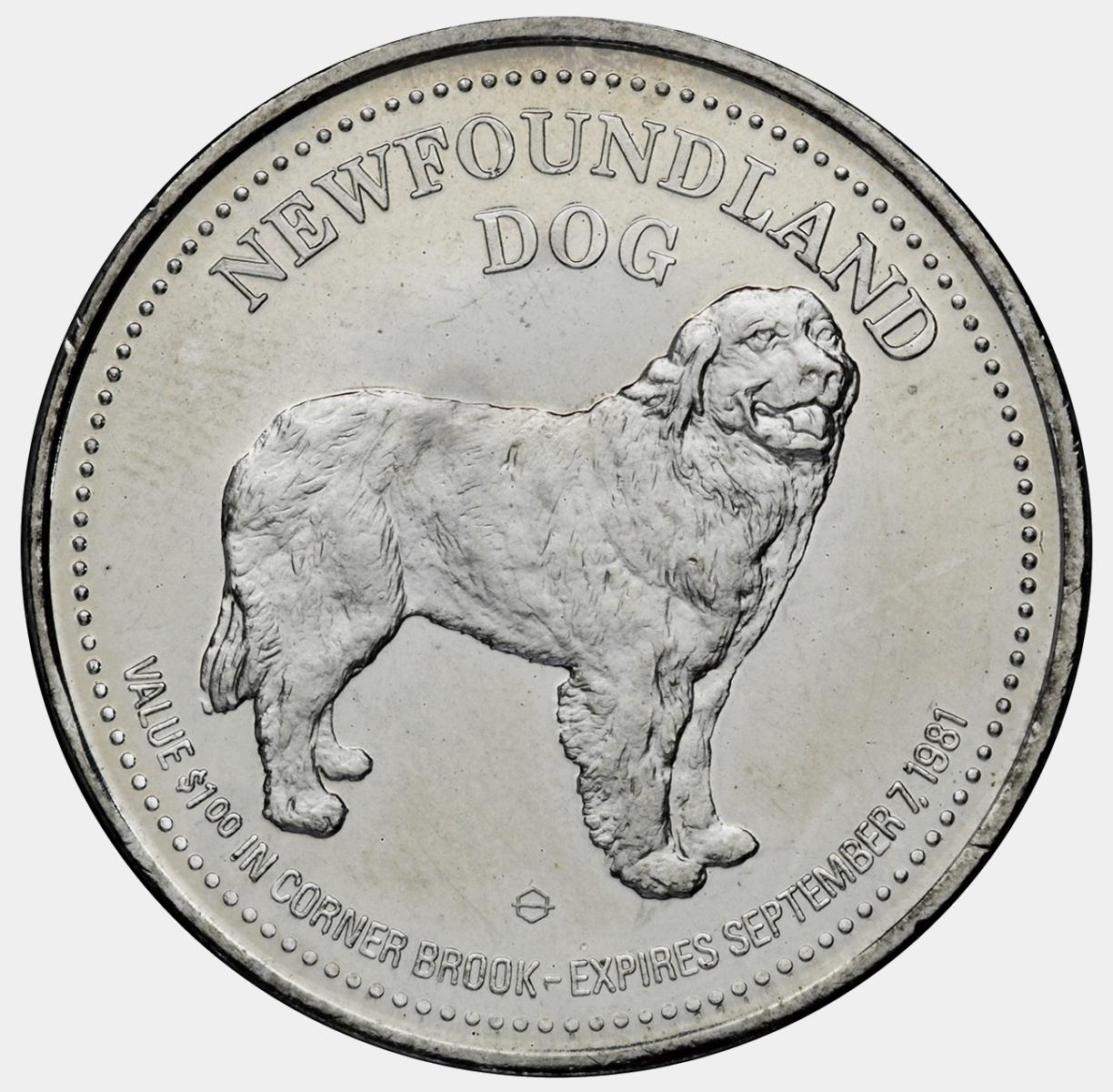 Jeton-souvenir Jeton rond montrant un gros chien musclé.
