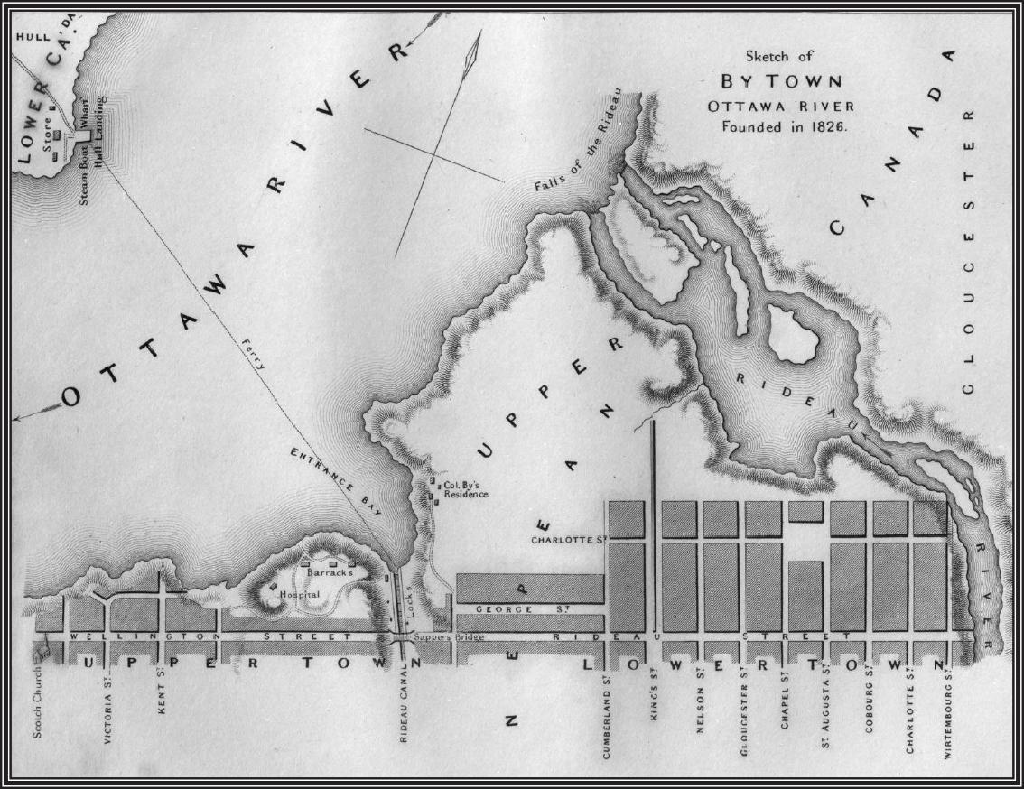 Carte de Bytown, fondée en 1826 Carte en noir et blanc montrant des rues et des cours d’eau.