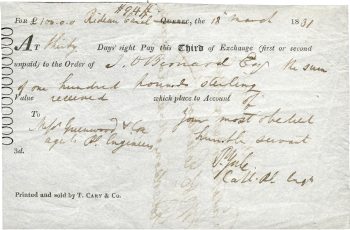Lettre de change émise au canal Rideau Lettre de change émise au canal Rideau le 18 mars 1831 sur laquelle figure du texte imprimé et manuscrit.