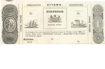 Bon de marchand de Bytown Billet de papier blanc, avec du texte imprimé en noir au recto. Il s’agit d’un exemplaire non émis et non signé de bon de marchand associé à William Stewart, un marchand de bois et homme politique de Bytown.