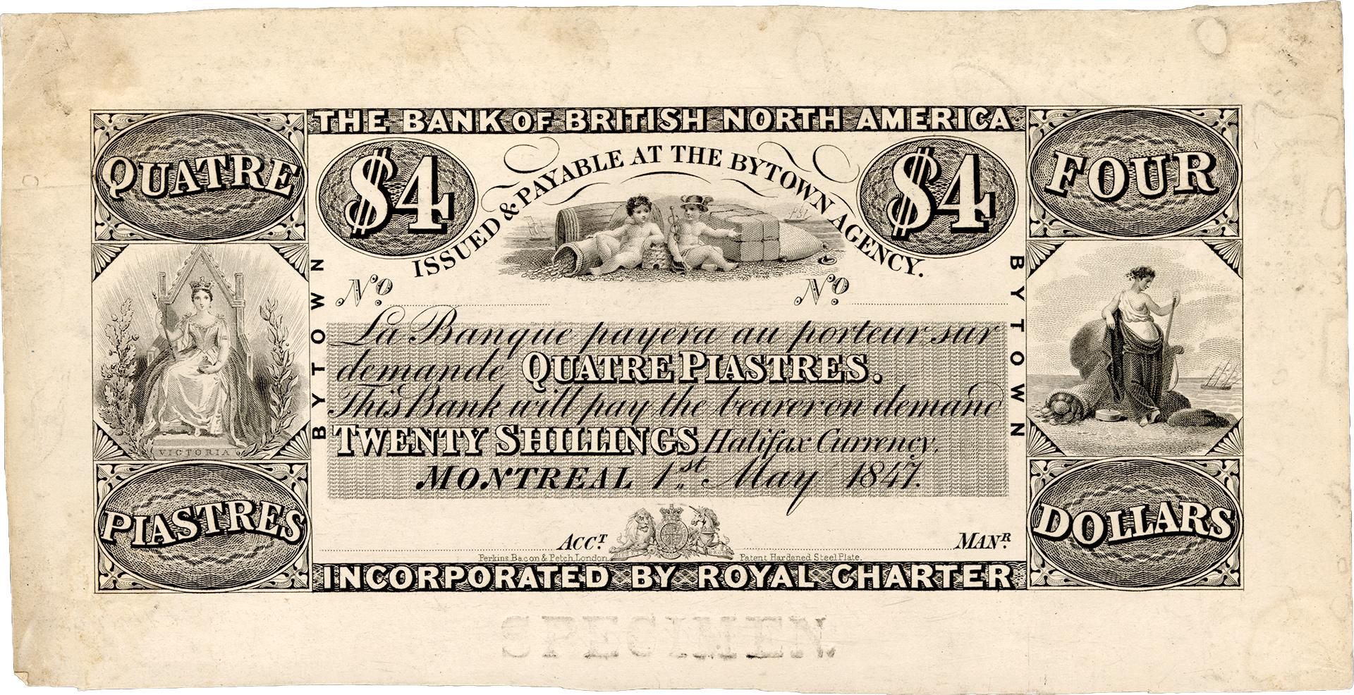 Billet de la Bank of British North America Recto d’un billet de banque en papier cartonné blanc avec du texte noir imprimé, des rinceaux décoratifs, des vignettes, des motifs de chiffres, les armoiries royales et le nom « Bank of British North America ».