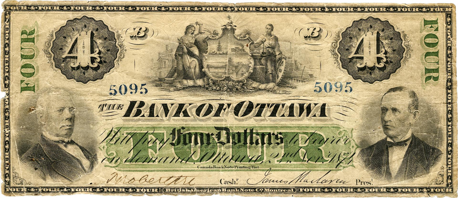 Billet de la Banque d’Ottawa Recto d’un billet de banque jauni sur lequel on voit du texte imprimé en noir, des rinceaux décoratifs, des motifs de chiffres, des armoiries, le nom « Bank of Ottawa » et les portraits de deux hommes.