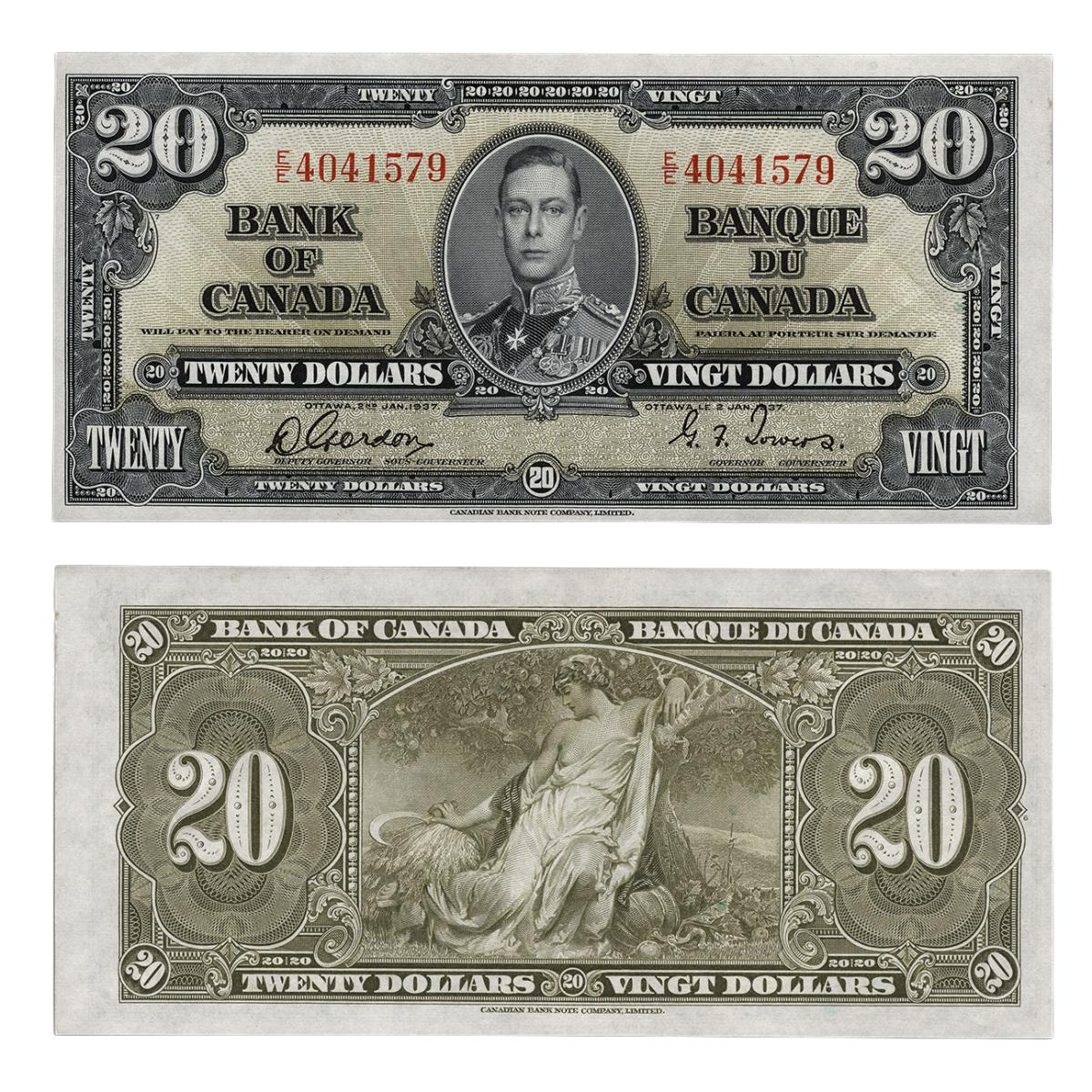 Le billet de 20 dollars de la série bilingue Le billet de 20 dollars de 1937 présentant un portrait du roi George VI au recto et une figure féminine allégorique représentant la fécondité au verso.