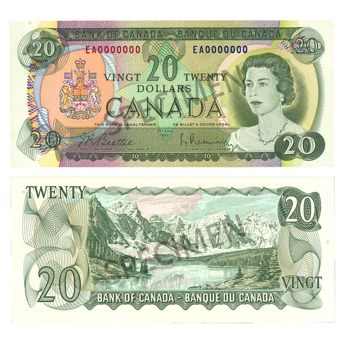 Le billet de 20 dollars de la série Scènes du Canada Le billet de 20 dollars de 1969 présentant un portrait de la reine Elizabeth II au recto et une vue du lac Moraine, en Alberta, au verso.