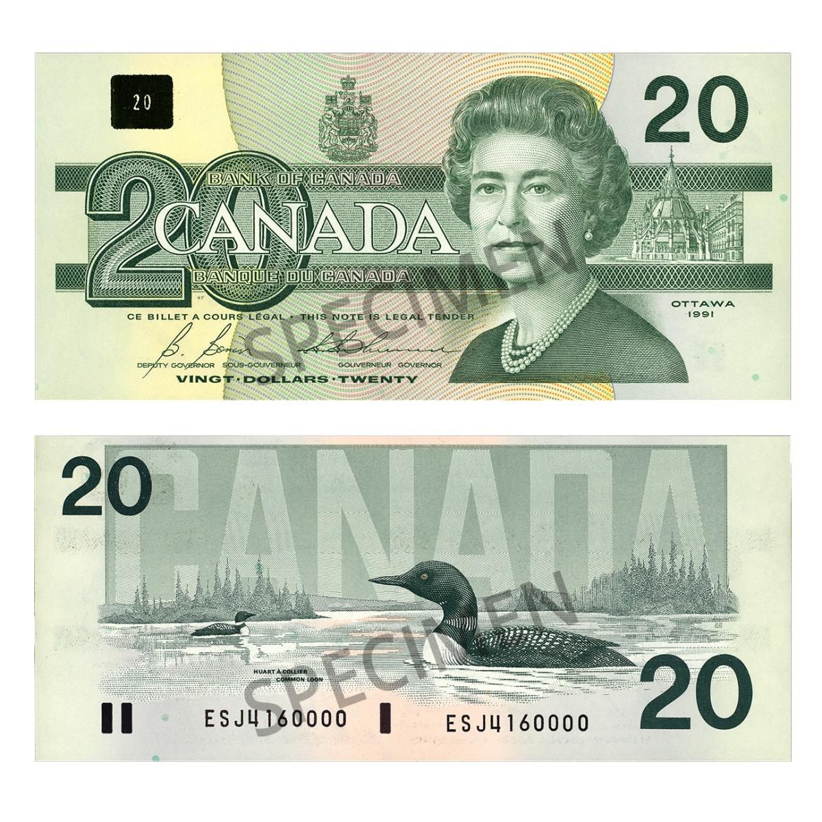 Le billet de 20 dollars de la série Les oiseaux du Canada Le billet de 20 dollars de 1986 présentant un portrait de la reine Elizabeth II au recto et un huard au verso.