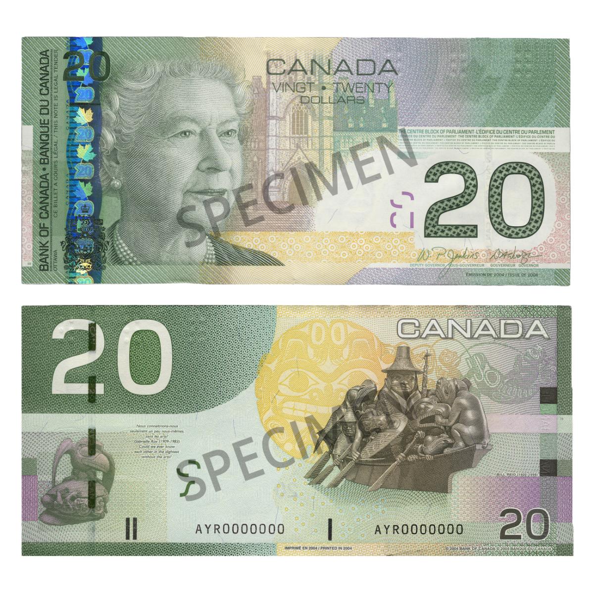 Le billet de 20 dollars de la série L’épopée canadienne Le billet de 20 dollars de 2004 présentant un portrait de la reine Elizabeth II au recto et plusieurs sculptures de l’artiste haïda Bill Reid au verso.