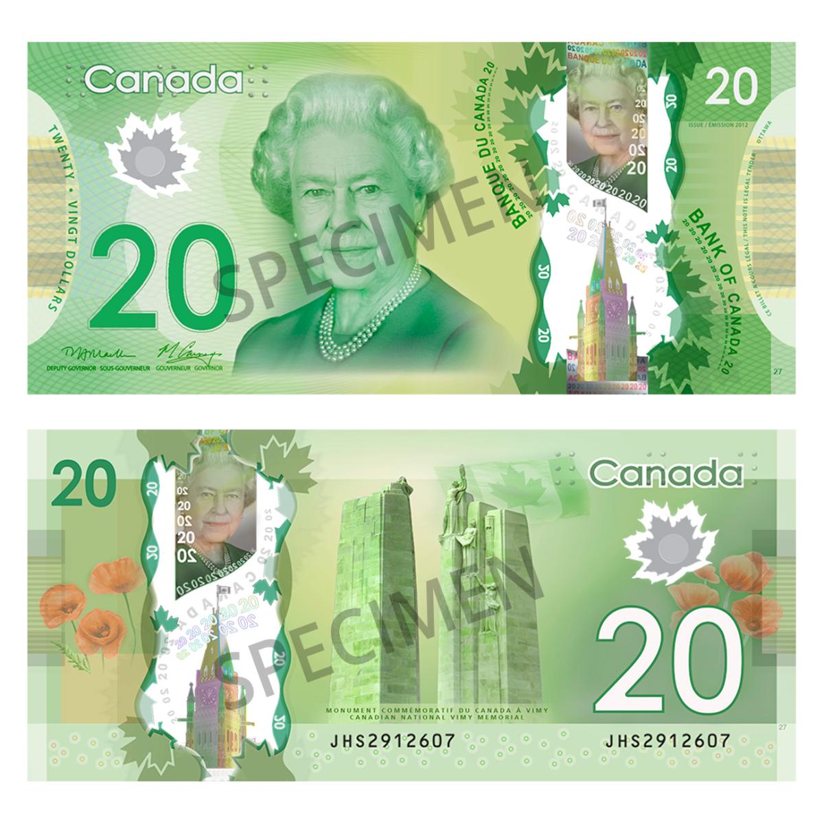 Le billet de 20 dollars de la série Frontières Le billet de 20 dollars de 2011 présentant un portrait de la reine Elizabeth II au recto et le Mémorial national du Canada à Vimy au verso.