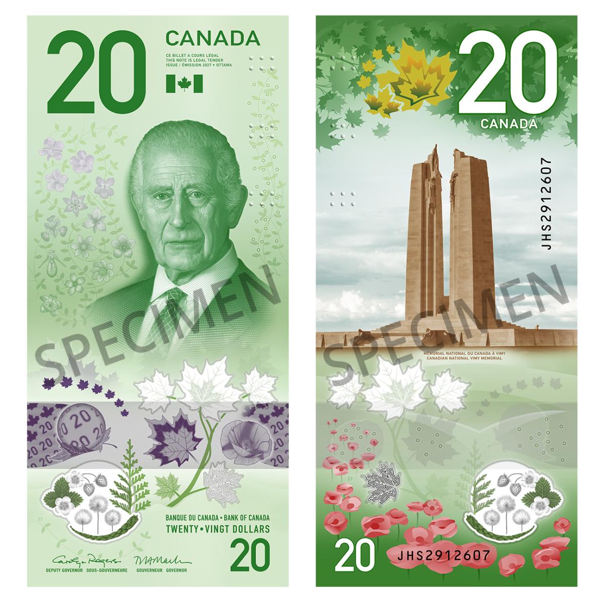 Le billet de 20 dollars de la série À la verticale Le billet de 20 dollars de 2027 présentant un portrait du roi Charles III au recto et le Mémorial national du Canada à Vimy au verso.