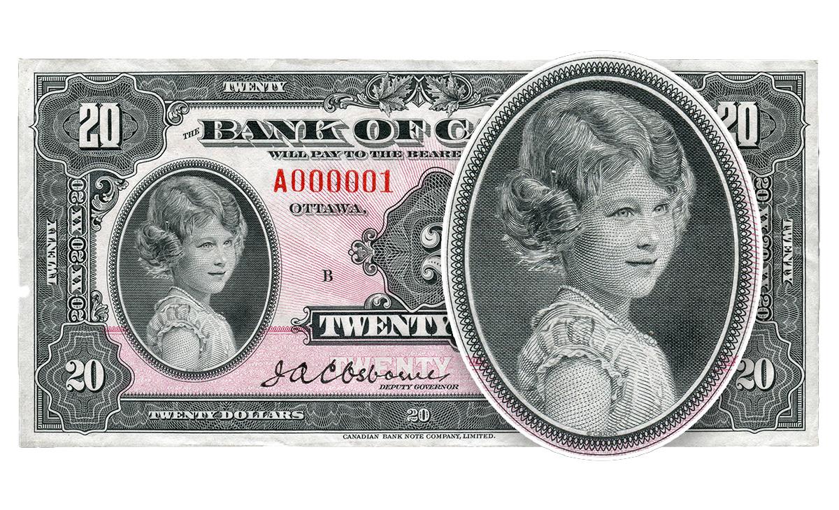 Billet de 20 dollars de la première série Gravure de billet de banque représentant une fillette au premier plan d’un billet de 20 dollars rose orné de la même image.