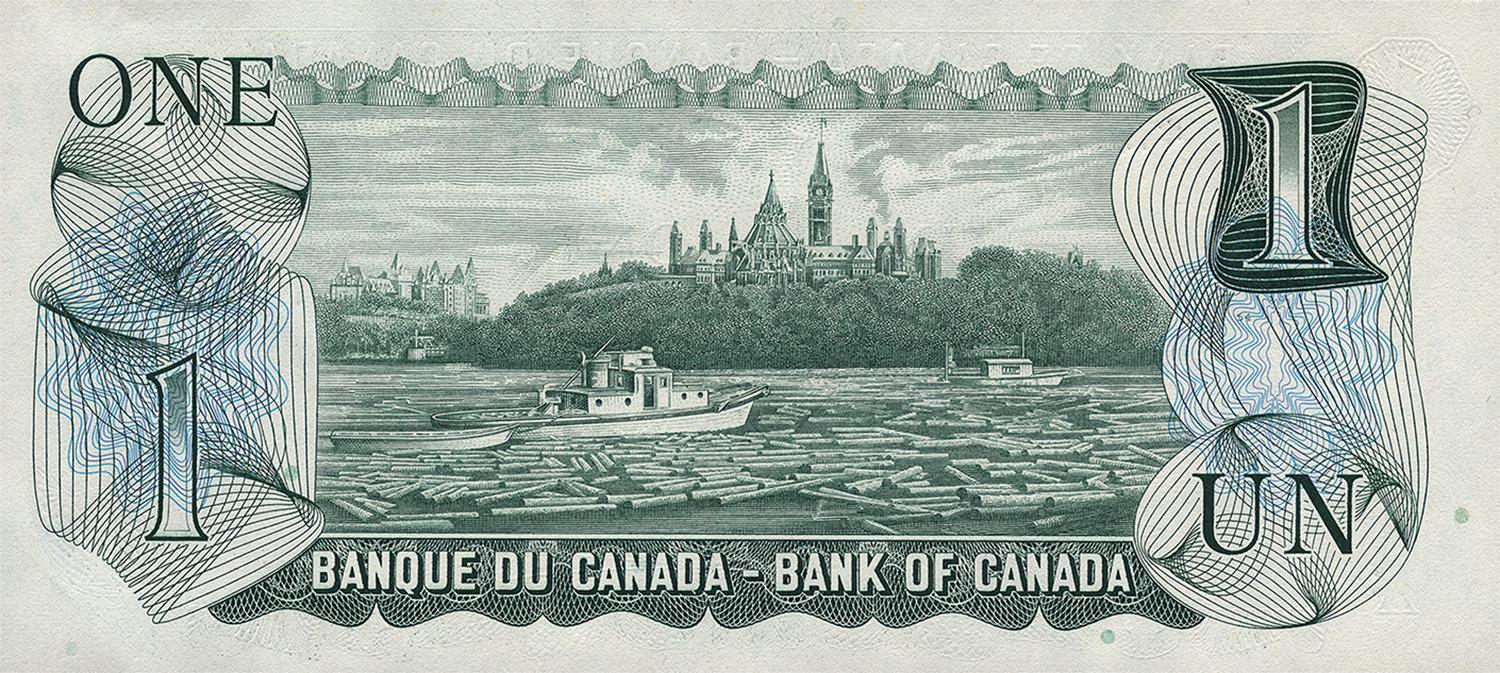 Le verso du billet de 1 dollar de 1973 représentant un bateau sur une rivière devant les édifices du Parlement.