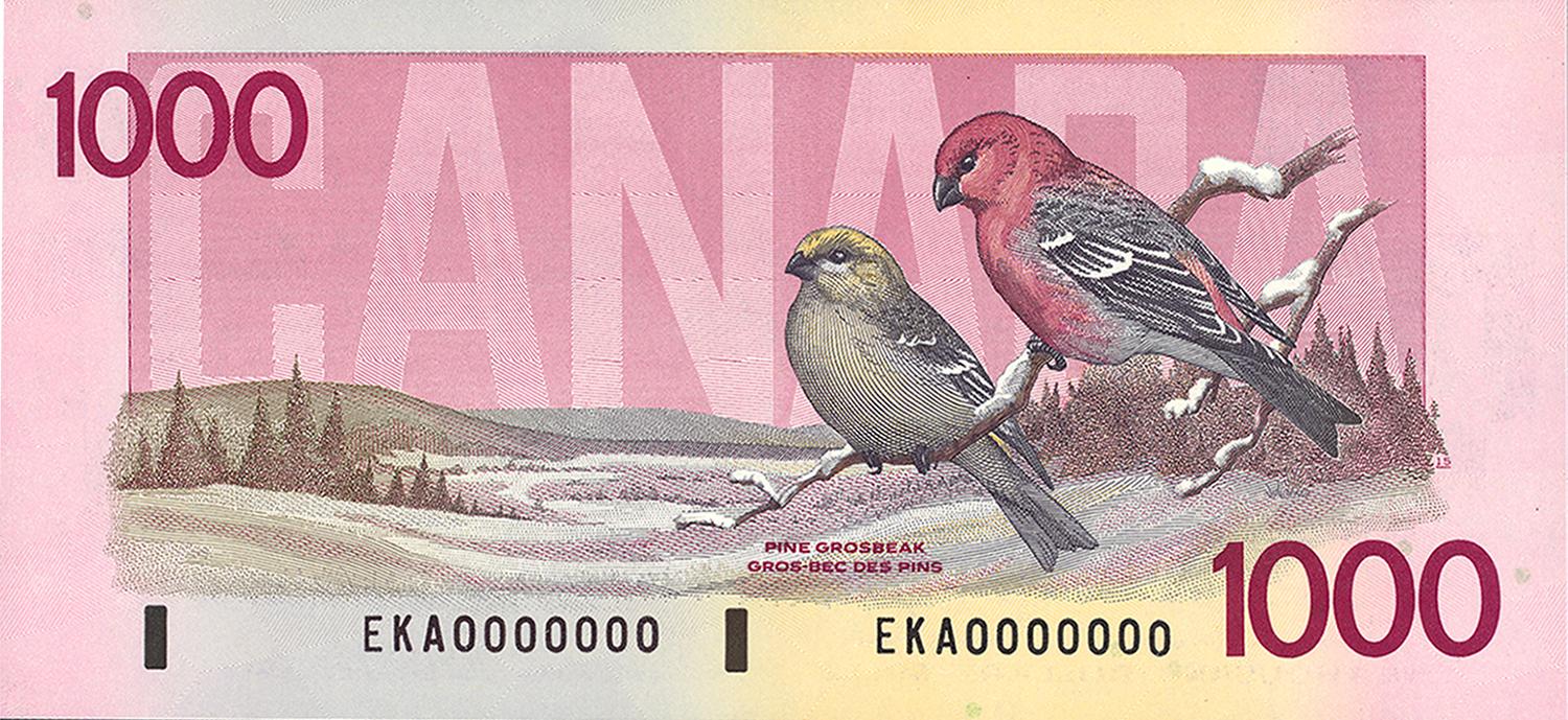 Le verso du billet de 1 000 dollars de 1988 représentant deux durbecs des sapins.