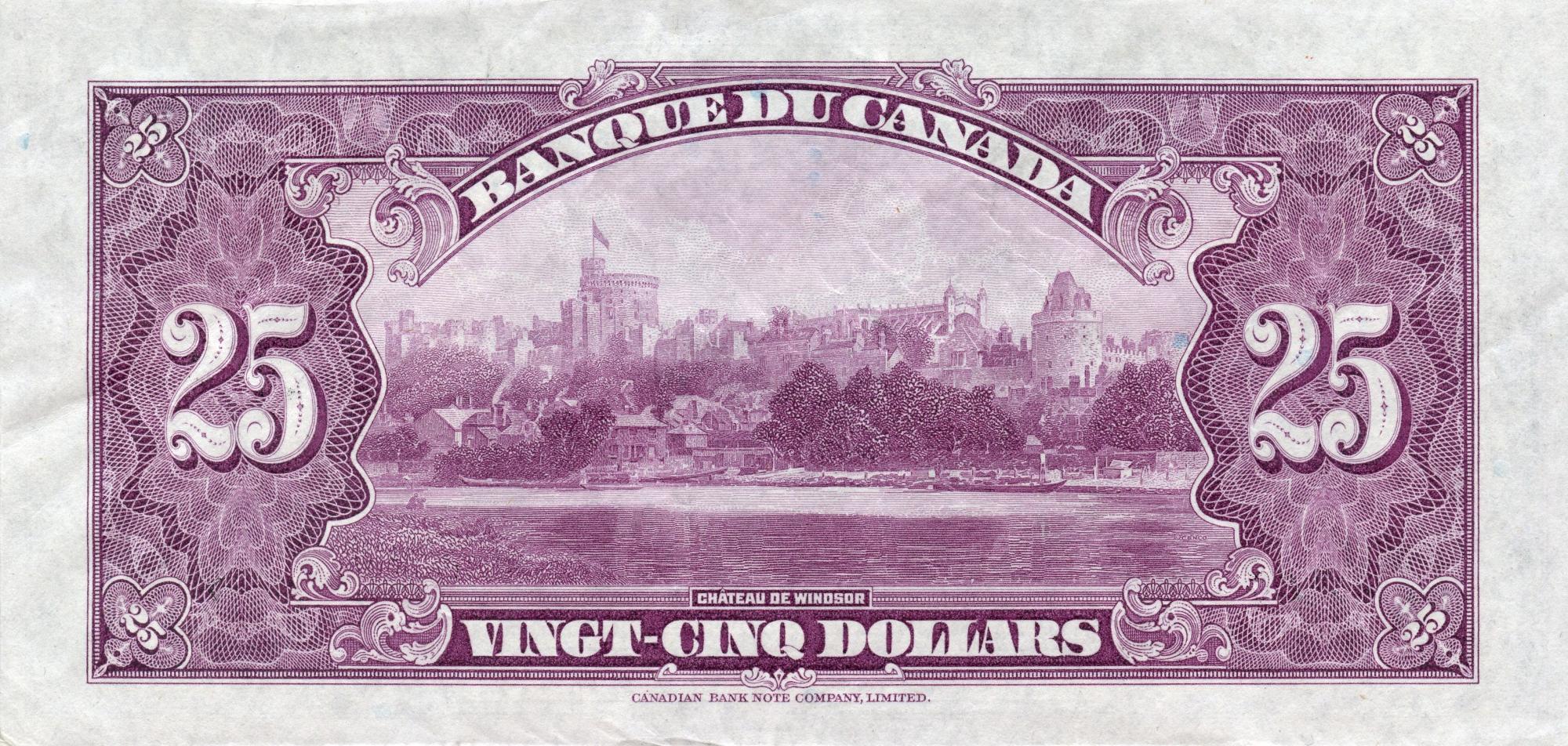 Le verso du billet de 25 dollars de 1935 représentant une vignette du château de Windsor.