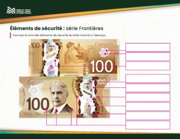 Éléments de Sécurité – Feuille de travail – Page 1 Feuille de travail présentant un billet de banque canadien de 100 $ avec plusieurs cases vides pointant vers différentes parties du billet.