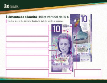 Éléments de Sécurité – Feuille de travail – Page 2 Feuille de travail présentant un billet de banque canadien de 10 $ avec plusieurs cases vides pointant vers différentes parties du billet.