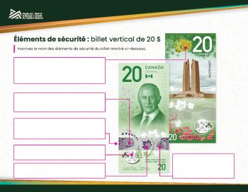Éléments de Sécurité – Feuille de travail – Page 3 Feuille de travail présentant un billet de banque canadien de 20 $ avec plusieurs cases vides pointant vers différentes parties du billet.