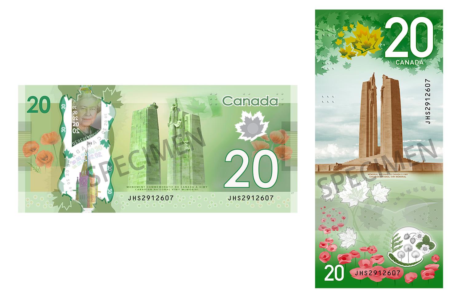 Les billets de 20 dollars de la série Frontières et la série À la verticale, verso.