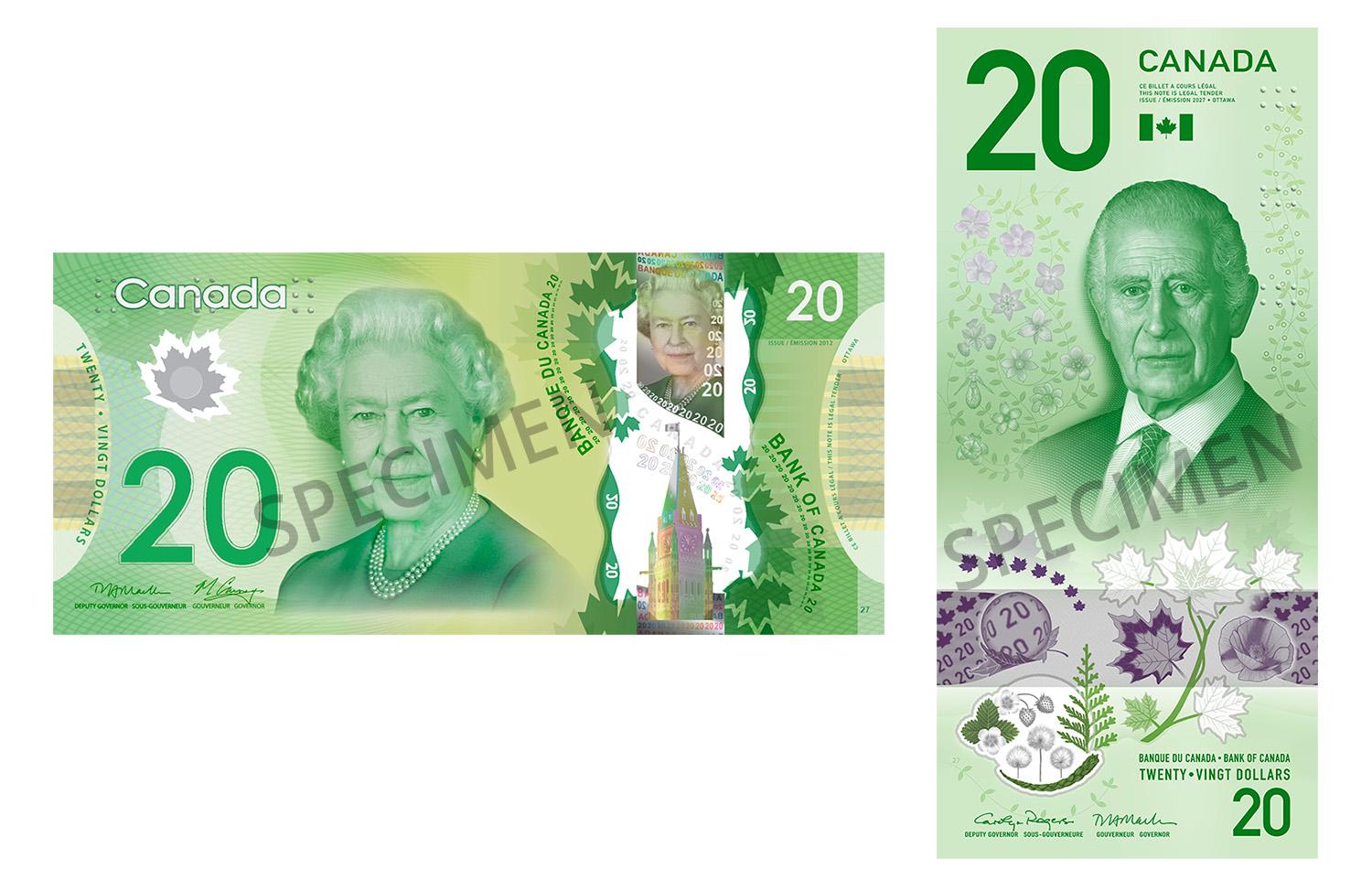 Les billets de 20 dollars de la série Frontières et la série À la verticale, recto.